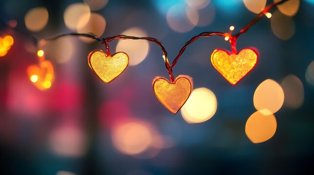 Illuminating heart-shaped string lights creating a romantic and festive atmosphere with warm glowing bokeh