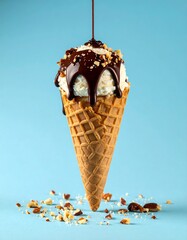 A scoop of vanilla ice cream in a waffle cone, topped with chocolate sauce and chopped nuts, set against a sky-blue backdrop