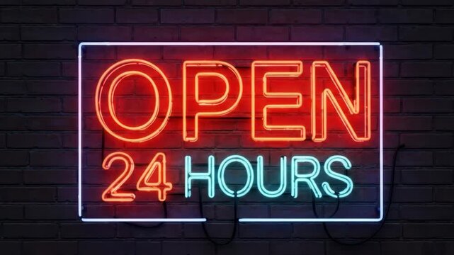 Neon sign "Open 24 Hours" on a brick wall, glowing brightly