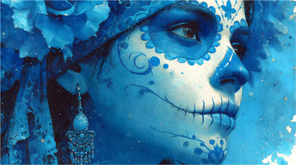 Watercolor painting in shades of aqua of a sugar skull or Mexican catrina. Day of the Dead