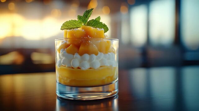 Layered mango dessert in glass, topped with mint, on wooden table