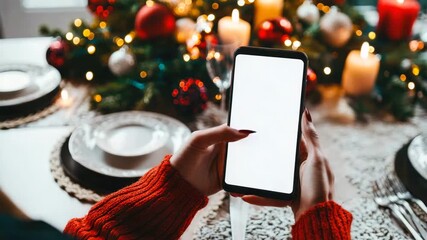 Smartphone with blank screen at festive table, holiday dinner setting, digital congratulation, holiday promotion, festive application, web site mock up, delivery, online celebration, shopping