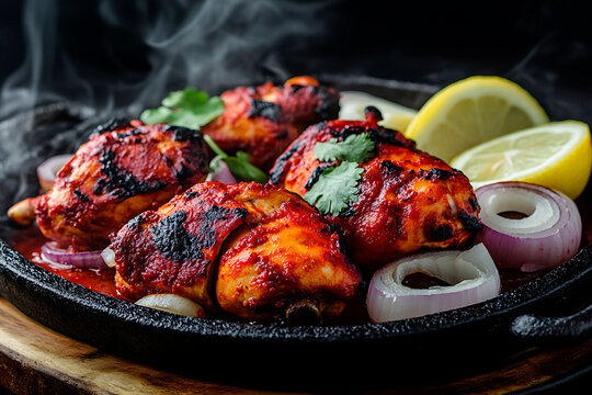 Tandoori chicken pieces grilling on a hot cast iron plate, garnished with fresh cilantro, sliced red onion, and lemon wedges