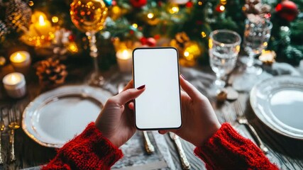 Hands hold smartphone with white screen, festive dinner table on the background. Holiday setting, blank screen, digital greetings, Christmas decor, food delivery, seasonal communication, mobile mockup
