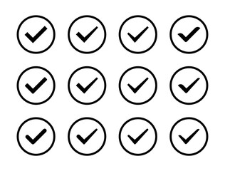 Check mark icon set collection in circular outline. Tick and approval symbol. Checkmark and success sign