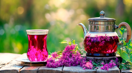 Fireweed herbal tea brewing in a glass teapot and served in a tea glass, showing traditional Russian Ivan Chai drink