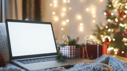 Laptop with white blank screen on cozy blanket, holiday atmosphere, online shopping concept, Christmas gifts and tree lights enhancing festive workspace. Christmas online shopping, web site mock up
