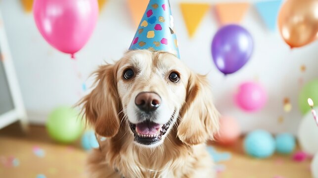 Happy golden retriever wearing a party hat, enjoying its birthday celebration surrounded by colorful balloons and confetti - Powered by Adobe