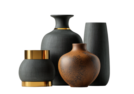 Four textured, decorative vases. Black background