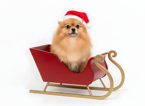 festive christmas pet portrait pomeranian in santa sleigh on white background