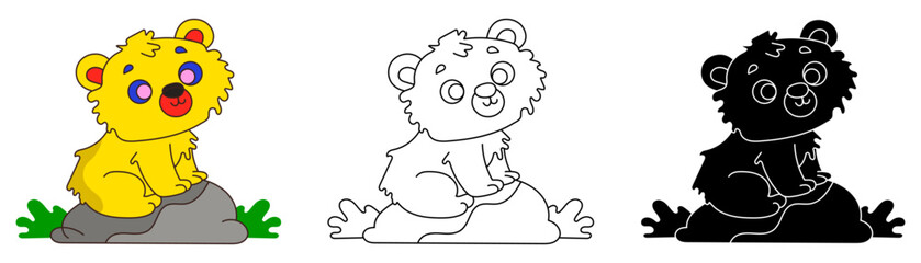 Wild bear sitting on stone flat vector illustration