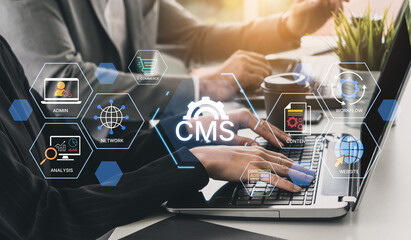 Concept of a Content Management System (CMS). A platform for website administration, digital content creation, workflow management, and e-commerce integration. Fermion