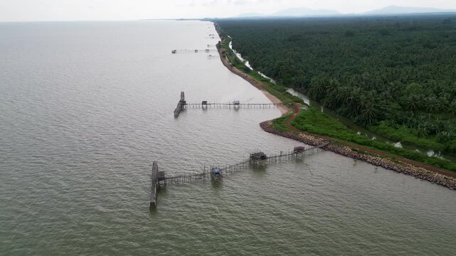Langgai traditional fishing platform. Aerial view Pantai Parit Hailam, Batu Pahat
