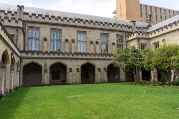 Ancient Law buildings of Old Quadrangle at Melbourne University in Melbourne, Australia.