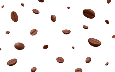 3d flying coffee beans background. Brown coffee beans for advertising and promotion of coffee products. Stock vector illustration on isolated background. 