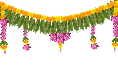 Indian festival thoranam of marigold flowers isolated on transparent background with lotus flower and mango leaf, hanging in entrance of house, reception, mall. © nijendran