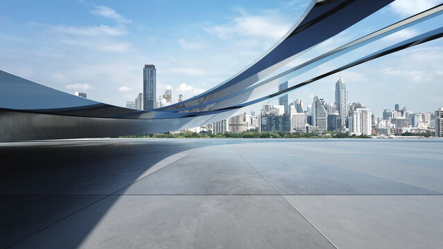 Abstract modern chrome curved architecture, Minimal geometry architectural background, Exterior car presentation backdrop with empty pavement concrete floor, 3d rendering