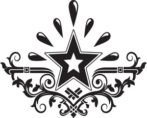 Bold ornamental star emblem with decorative symmetrical swirls in a monochrome vector style