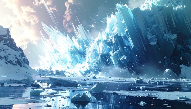 A serene arctic landscape showcases towering ice formations bathed in sunlight. Jagged, translucent crystals dominate the foreground, reflecting off a frozen lake - Powered by Adobe