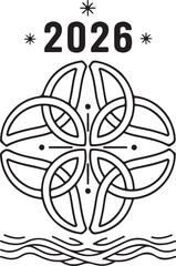 Elegant 2026 mandala emblem with geometric floral line art in minimal monochrome vector style