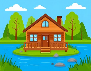 A rustic wooden cabin with a chimney sits on a grassy islet surrounded by water. Lush trees and blue sky complete the idyllic scene