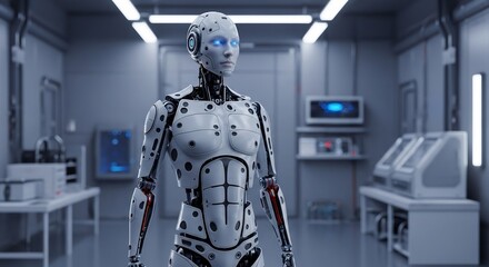 A futuristic humanoid robot with mechanical joints and blue tones inside a scientific laboratory, symbolizing innovation in AI and robotics.
