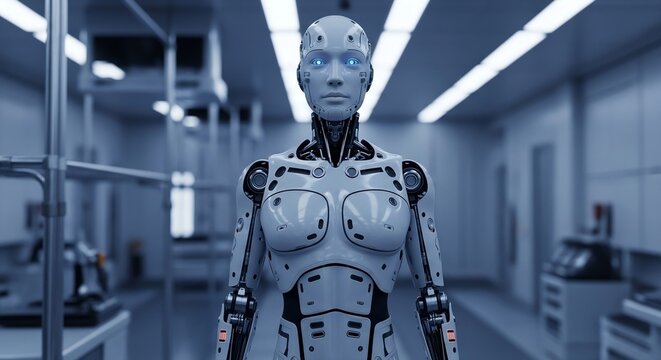 Realistic humanoid robot standing in a high-tech laboratory with blue lighting, representing artificial intelligence and advanced robotics technology.