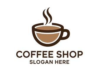 A simple and elegant logo design for a coffee shop, featuring a steaming cup of coffee with the words "COFFEE SHOP" and "SLOGAN HERE" below it.