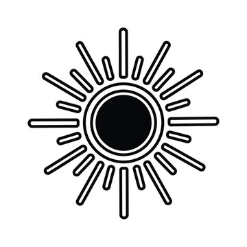 Simple black and white illustration of a sun symbol with bold lines and geometric shapes, minimalist design, abstract representation of sunlight, modern and clean aesthetic, isolated on a pl