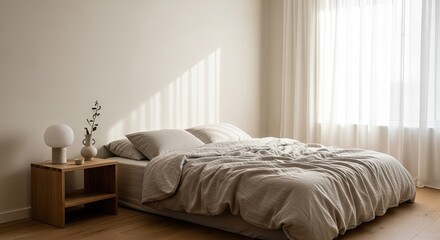 Serene bedroom sanctuary bathed in soft natural light, featuring a cozy rumpled bed with textured linens, minimalist decor, and warm wooden accents for ultimate relaxation and modern living.