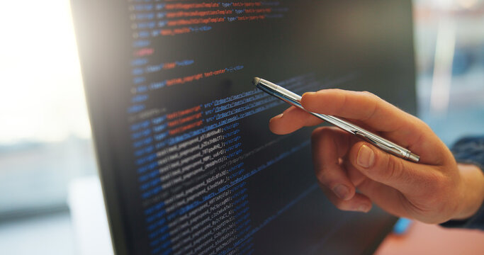 Analyze, code or hand in office with computer screen, software error or data check in debug process. Programming, man or system analyst in agency with pen, performance or log review for best practice