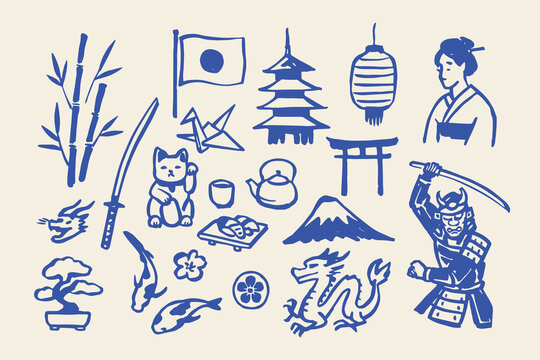 Japan culture symbols hand drawn sketch vector illustration