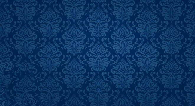 Elegant blue damask background with intricate floral patterns, ideal for luxury designs and vintage-themed projects, adding a touch of classic sophistication.