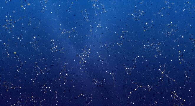 Night Sky Constellations: A Celestial Map of Stars and Zodiac Signs on a Gradient Dark Blue Background, Perfect for Astronomy and Astrology Designs