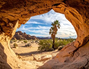 A scenic desert landscape is framed by a natural sandstone archway. The view includes arid terrain, distant hills, blue skies, and a lone palm tree