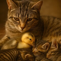A cat is laying on a bed with two baby ducks
