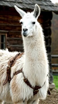 White llama stands calmly in farmyard. Animal exudes charm and tranquility in rural setting. Perfect scene for wildlife enthusiasts and nature lovers.