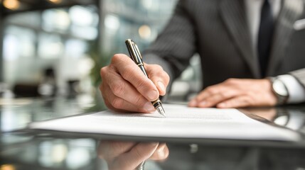Businessman in formal attire is signing important documents on a glass table, showcasing professionalism and attention to detail in a modern office environment