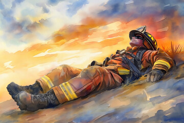 Exhausted firefighter resting on the ground at sunset after battling a fire