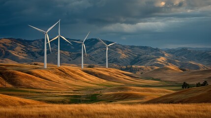 Wind turbines stand tall on rolling hills, surrounded by golden grasslands and distant mountains, showcasing renewable energy in a serene landscape at sunset