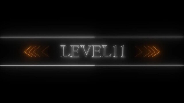 Neon Level 11 Text with Orange Chevron Arrows and Horizontal Lines on Black Background sign game