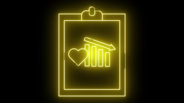Yellow neon clipboard with heart chart and arrow on black background