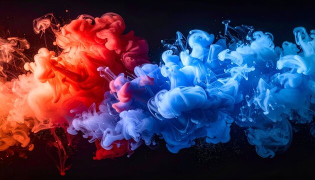 Colorful abstract smoke swirling in vibrant red and blue against a dark background, creating a dynamic visual effect