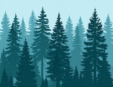 A serene illustration depicting a dense forest of various-sized evergreen trees against a gradient blue-green background, evoking a misty atmosphere