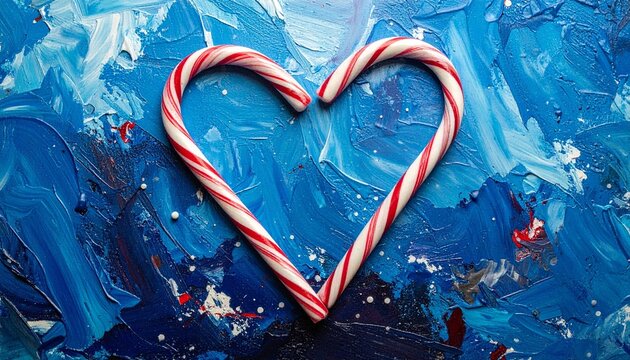 Heart-shaped candy canes in red-white and blue-white on textured blue background showcasing festive love and creative holiday design