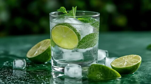 Refreshing lime drink with ice in glass, slices and mint on a wet surface