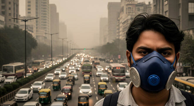 Man wearing pollution mask in Delhi, India - air quality concept.