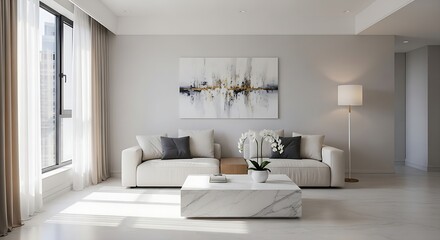 “Modern minimalist living room with white sofa, elegant wall art, neutral tones, soft daylight, Scandinavian interior design.