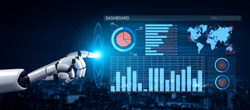 A robotic hand reaches out to interact with a modern digital dashboard displaying data analytics, visualizations, and statistics in an urban setting. Impute - Powered by Adobe