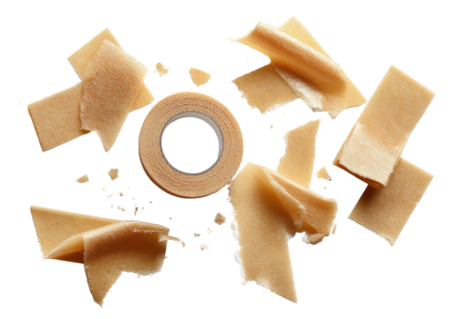 Medical tape roll with various strips scattered around it